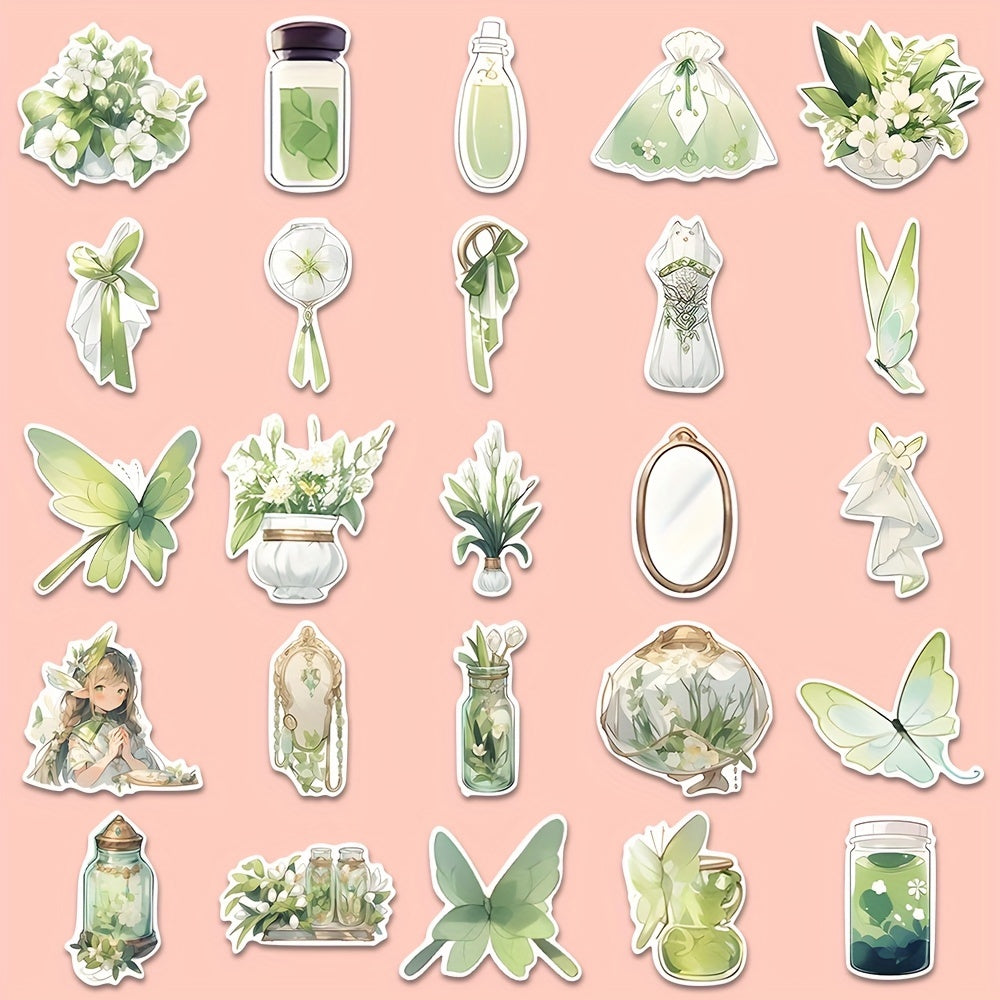 60pcs Green Flower And Elf PVC Cartoon Stickers For Kids Laptop Decoration