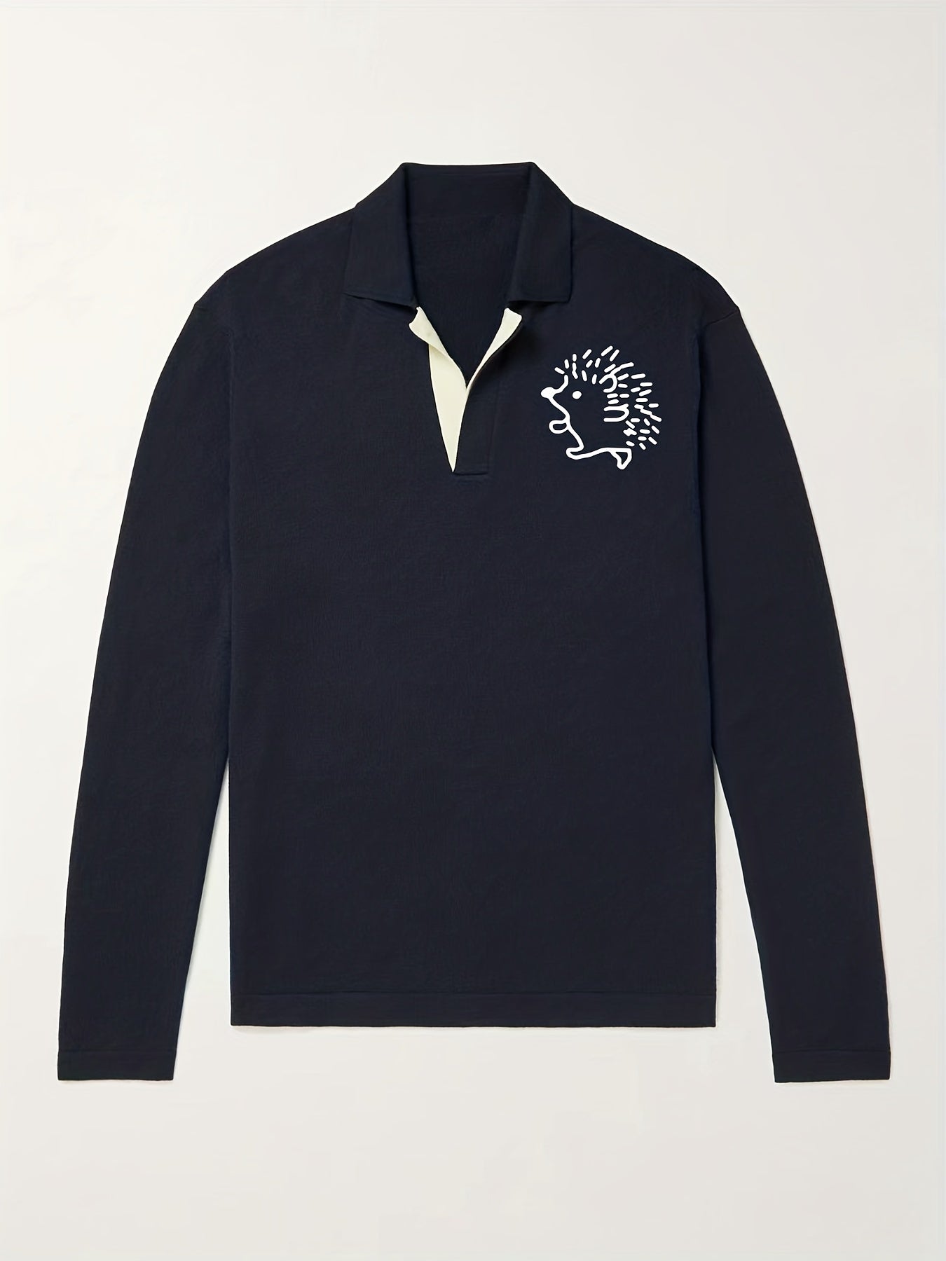 Hedgehog Pattern Knit Polo Shirt Men's Casual V Neck Sweater