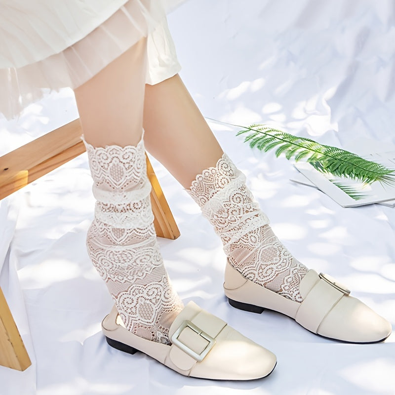 Floral Lace Mesh Ruffle Trim Slouch Socks Women's Stockings