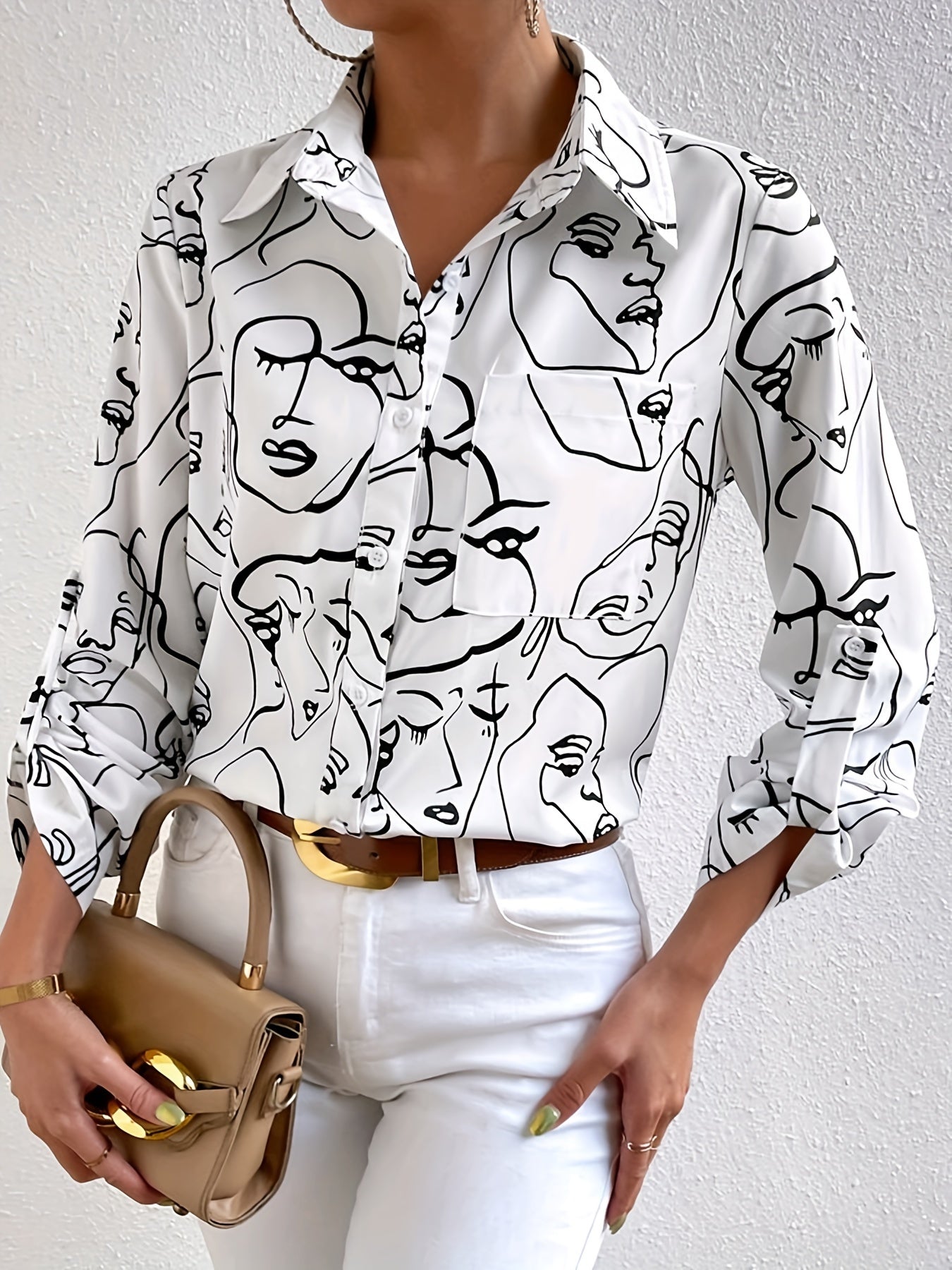 Abstract Figure Print Button Up Long Sleeve Blouse