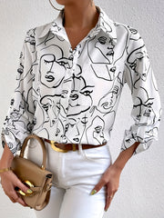 Abstract Figure Print Button Up Long Sleeve Blouse