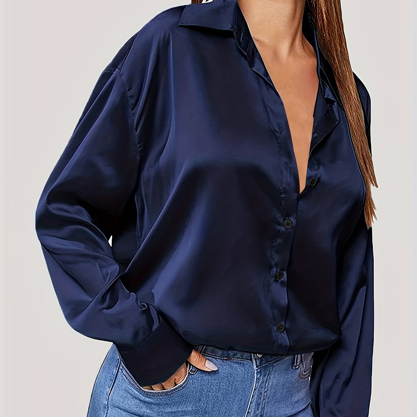 Casual Blouse Women's Solid Satin Button Up Long Sleeve Blouse