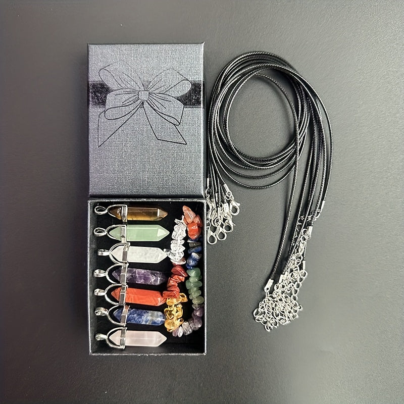 Girl's Hexagon Pendant Necklace Chakra Stone Bracelet Set