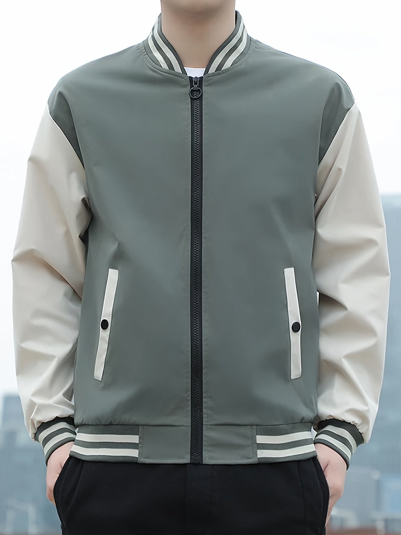 Men's Casual Block Baseball Jacket With Pocket