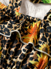 Leopard & Sunflower Pattern Romper w/ Ruffle & Lace for Kids - Spring Summer