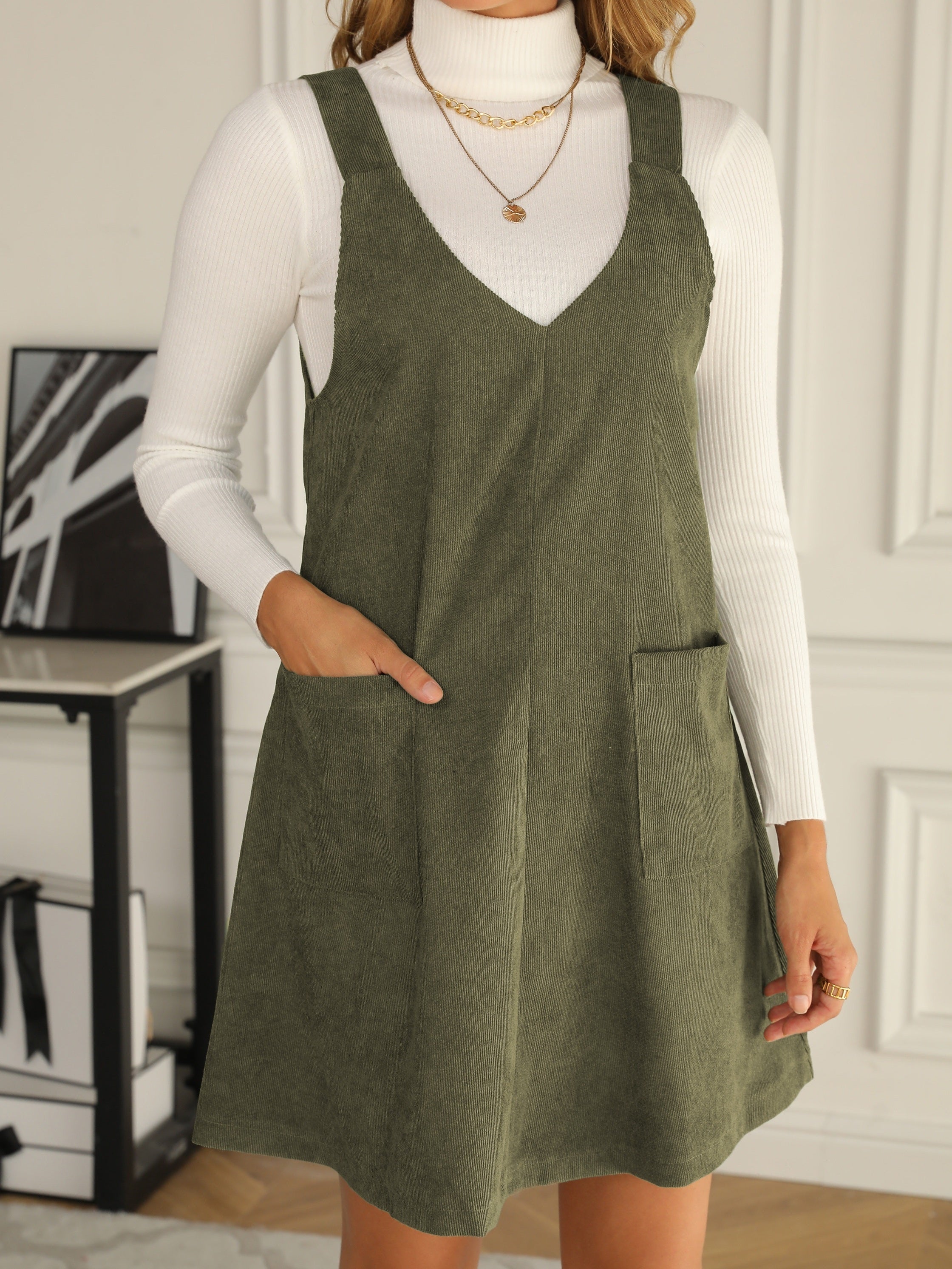 Casual V Neck Sleeveless Pocket Front Dress Women's Clothing