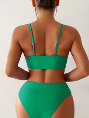 Solid V Neck Bikini Set Spaghetti Straps High Stretch Two Pieces Swimsuit