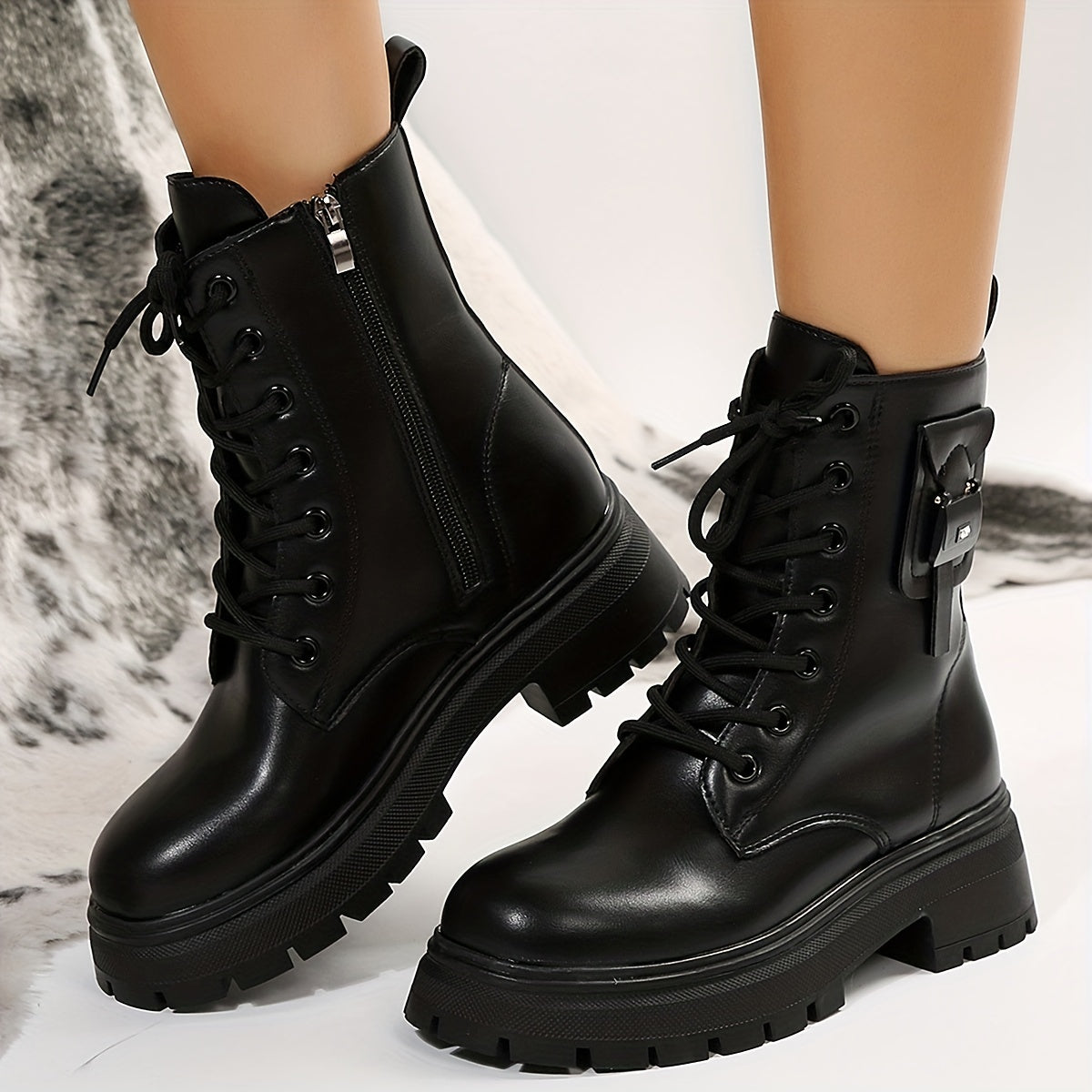 Women's Ankle Combat Boots British Style Round Toe Lace Up Platform Shoes