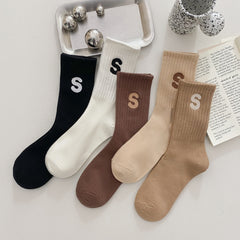 5 Pairs Letter S Embroidery Crew Socks for Women