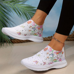Floral Sneakers with Rhinestone Detail Slip On Low Top Lightweight Running Shoes
