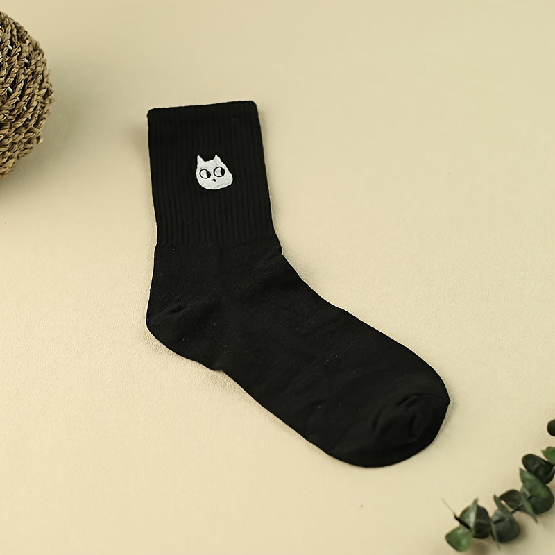 3 Pairs Cartoon Cat Print Socks Comfy & Mid Tube Socks Women's Stockings