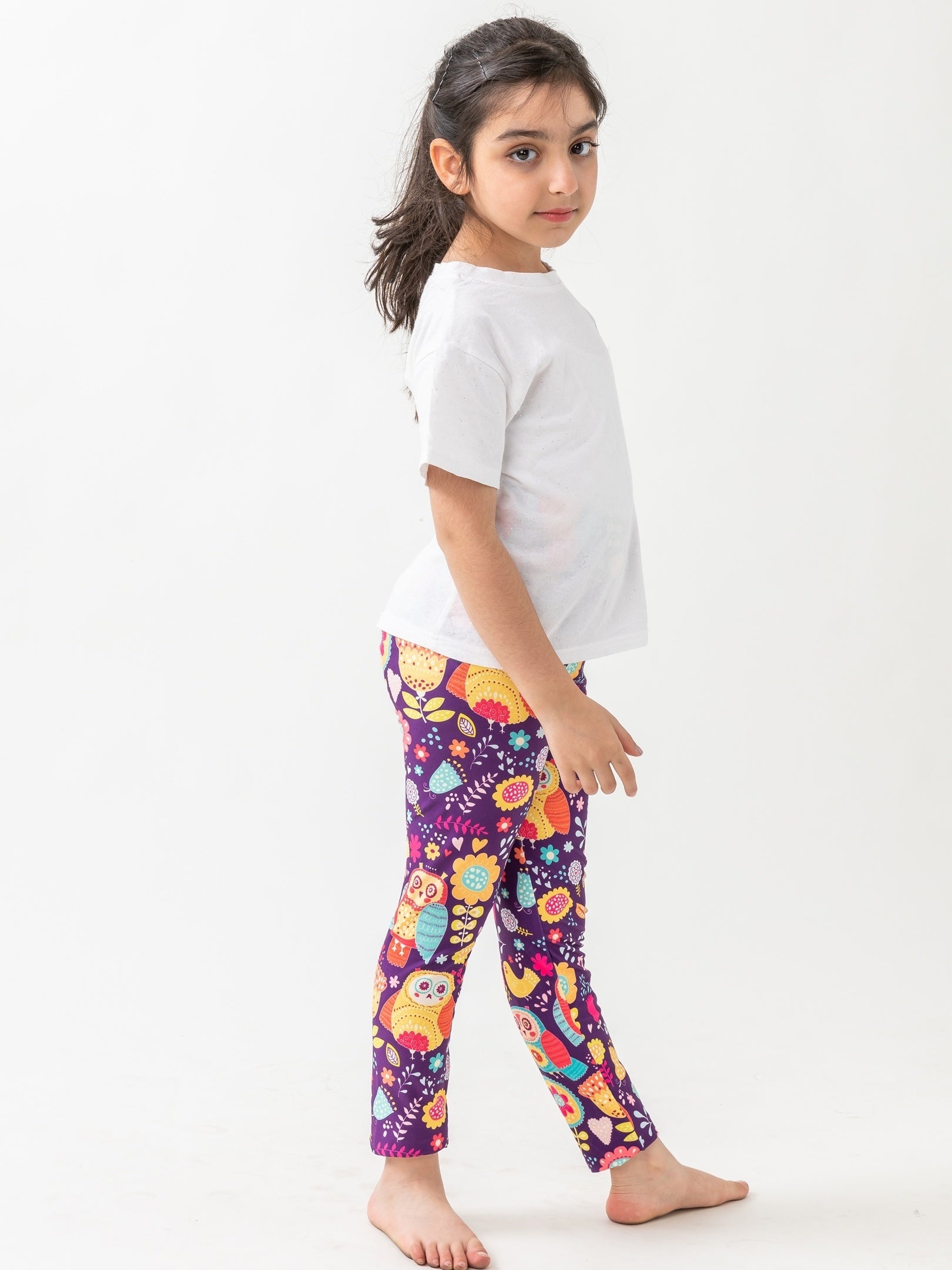 Girls High Stretch Soft Leggings Owls And Flowers Pattern