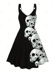 Halloween Skull Print Dress Casual Ring Linked Backless Dress