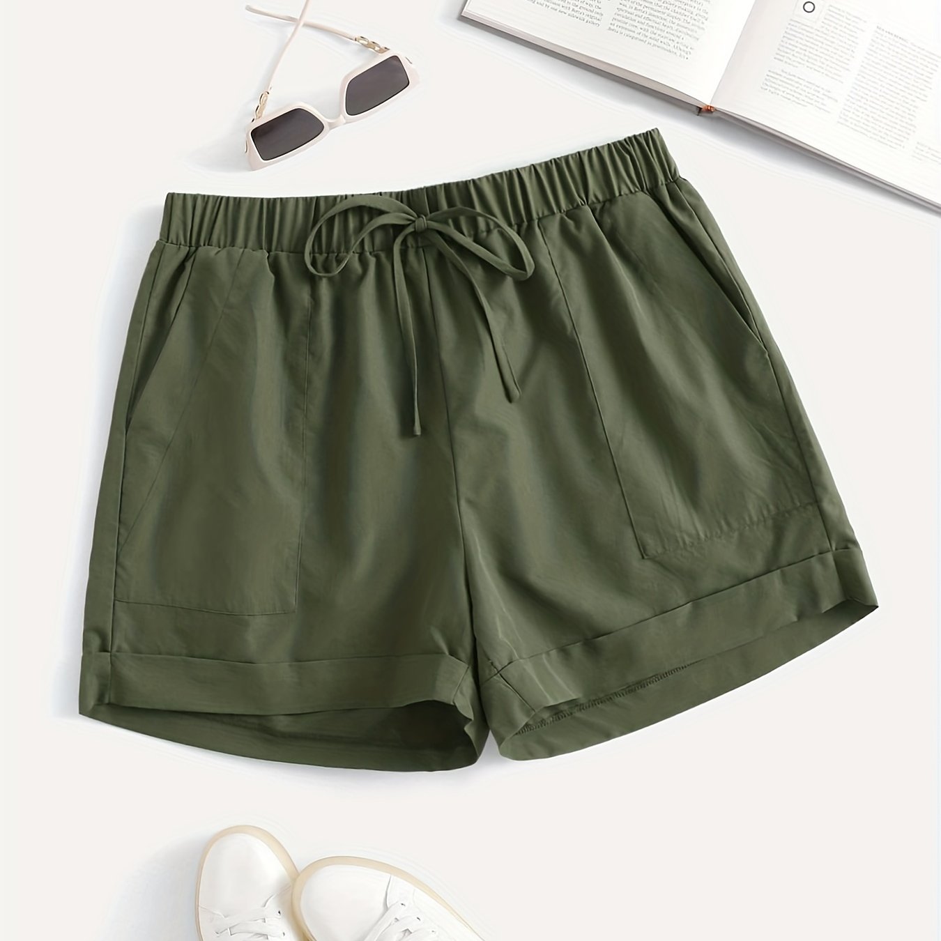 Casual Shorts Women's Plus Solid Elastic Drawstring Shorts