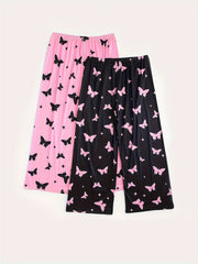 2 Pack Plus Size Y2K Sleep Bottoms Set Women's Plus Butterfly Print