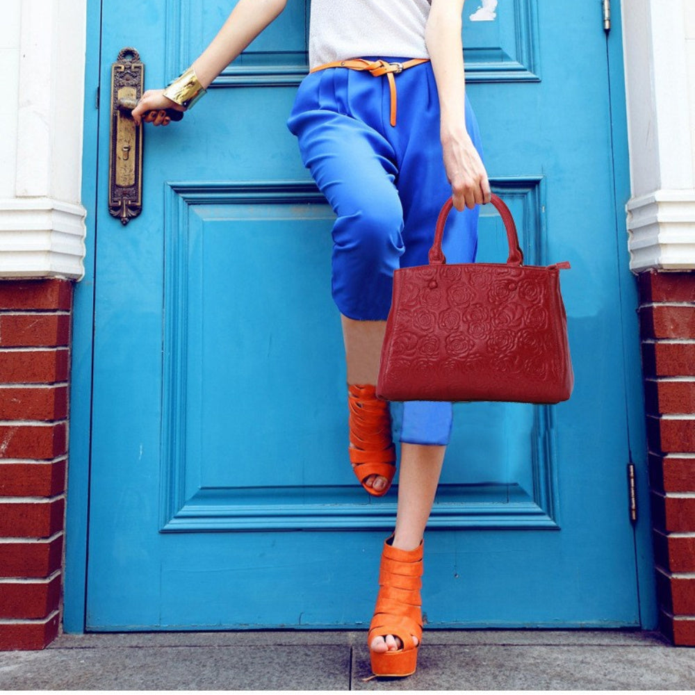 Floral Embossed Leather Tote Bag with Zipper Closure