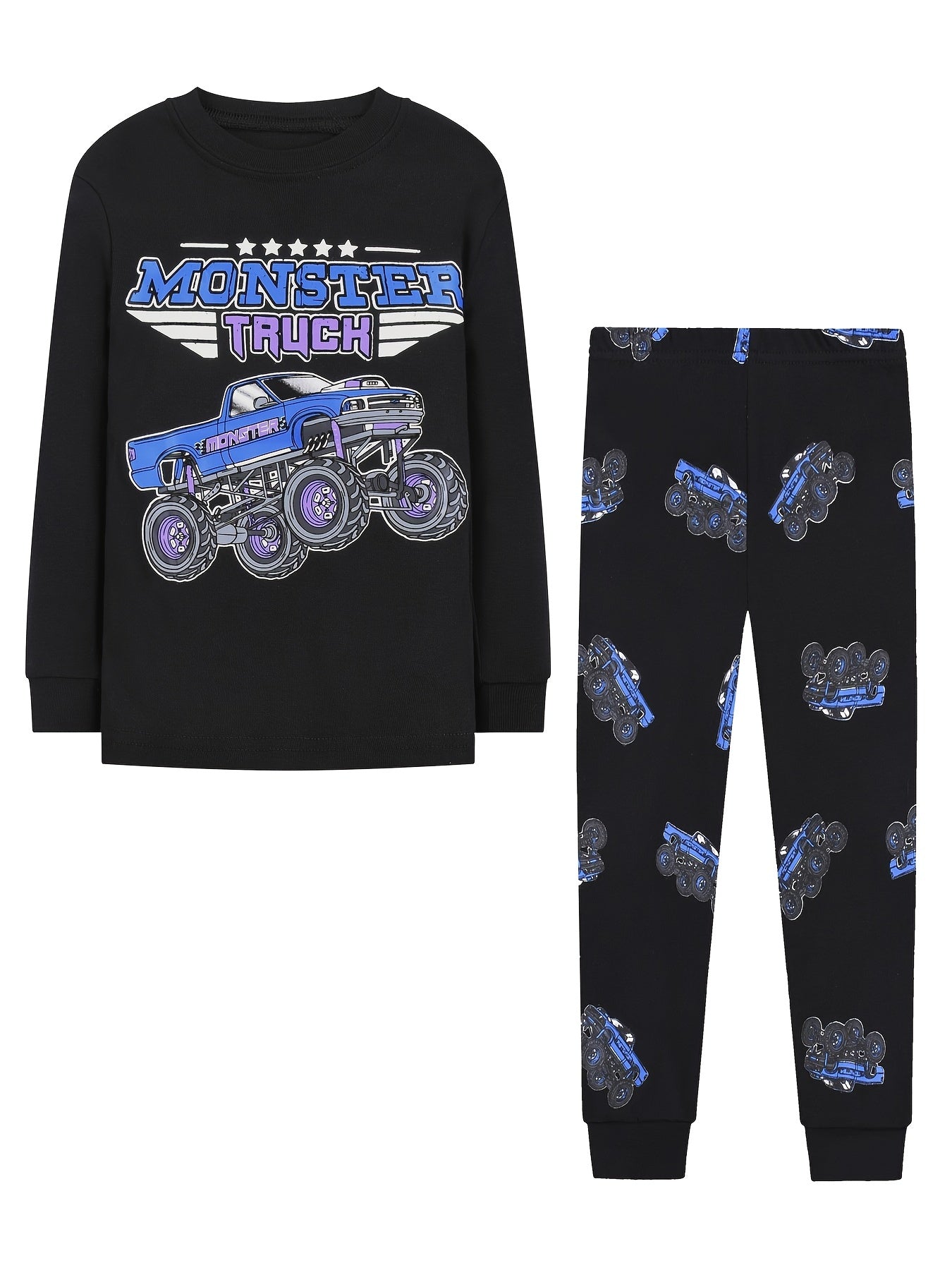 Kid's MONSTER TRUCK Print Pajama Set Long Sleeve Top & Pants