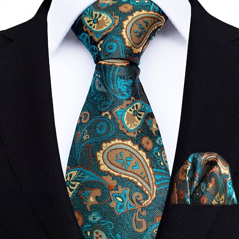 Men's Jacquard Tie Square Set Floral Wedding Tie Pocket Square