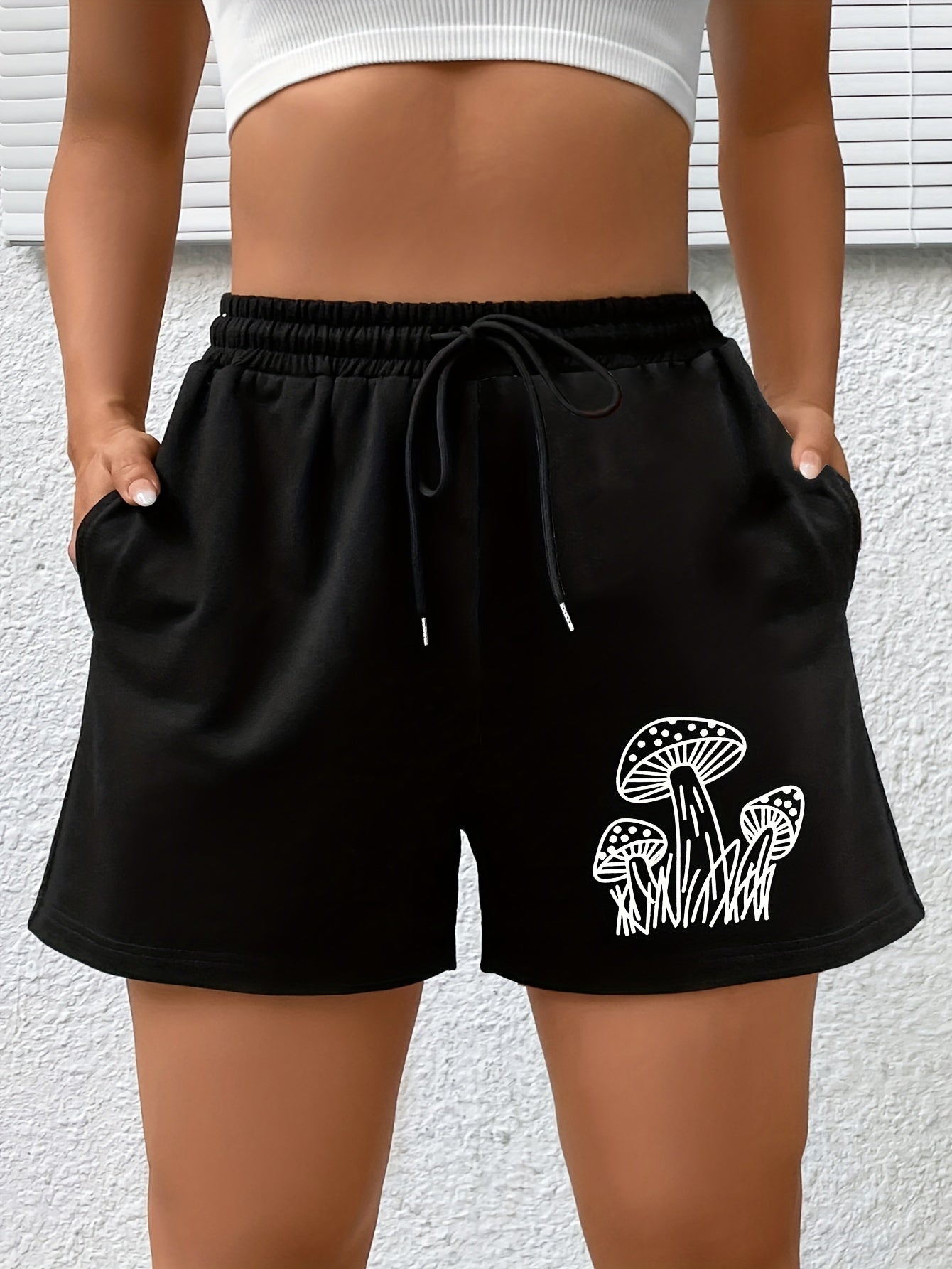 Mushroom Print High Rise Shorts With Pockets
