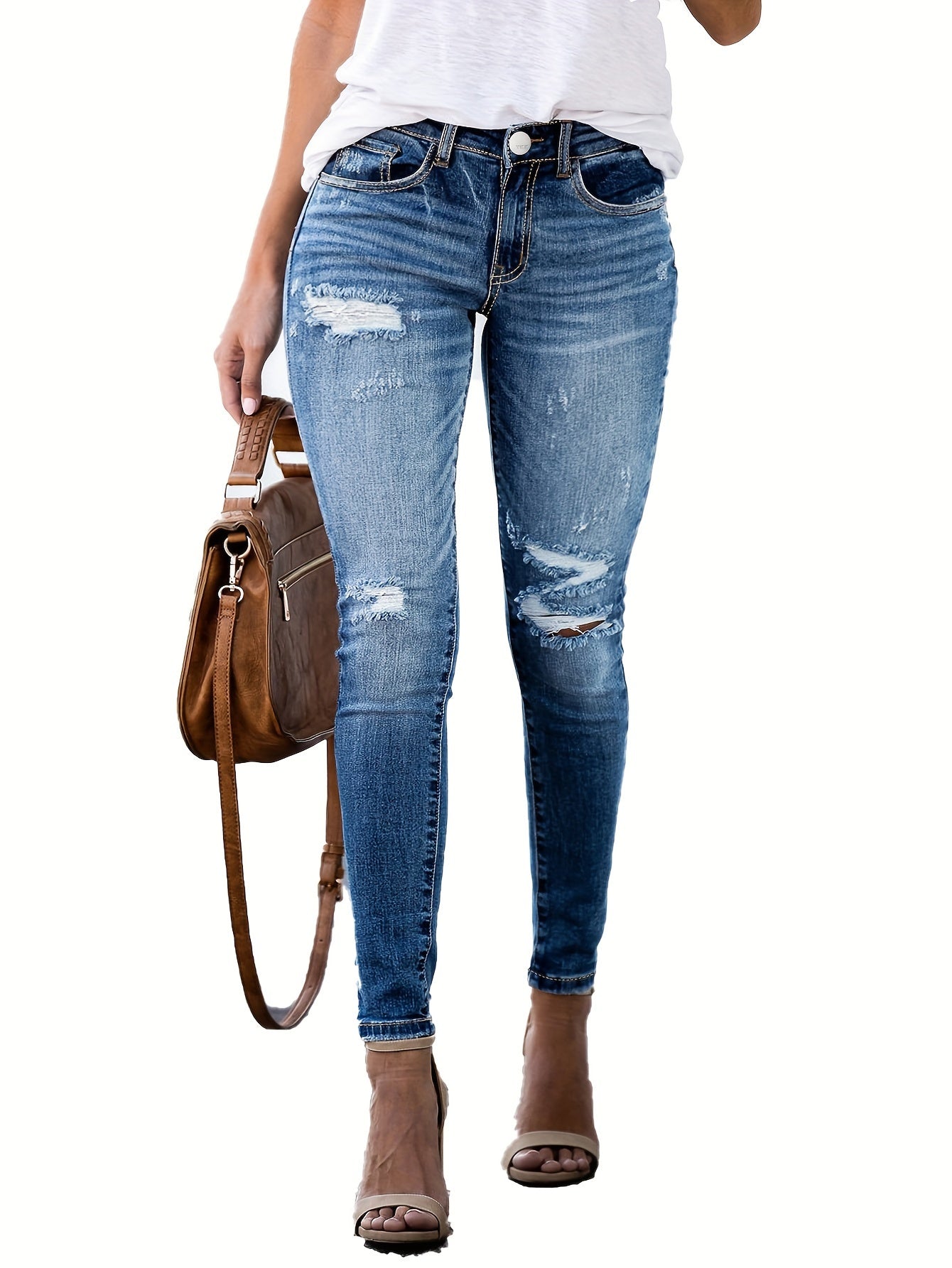 Sexy Ripped Skinny Jeans Button Fly Denim Pants