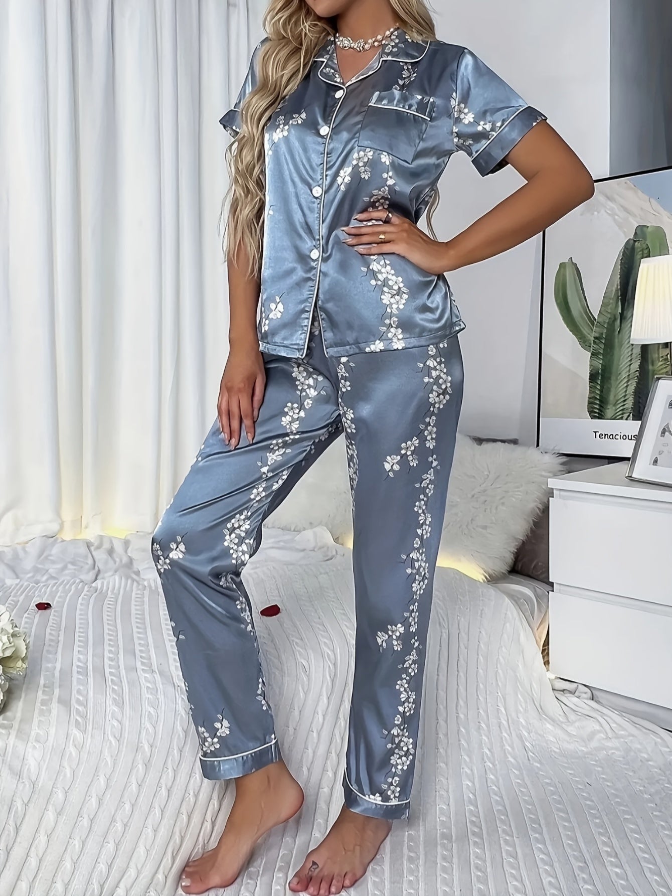 Floral Print Pajama Set Short Sleeve Lapel Top & Elastic Waistband Pants