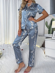 Floral Print Pajama Set Short Sleeve Lapel Top & Elastic Waistband Pants