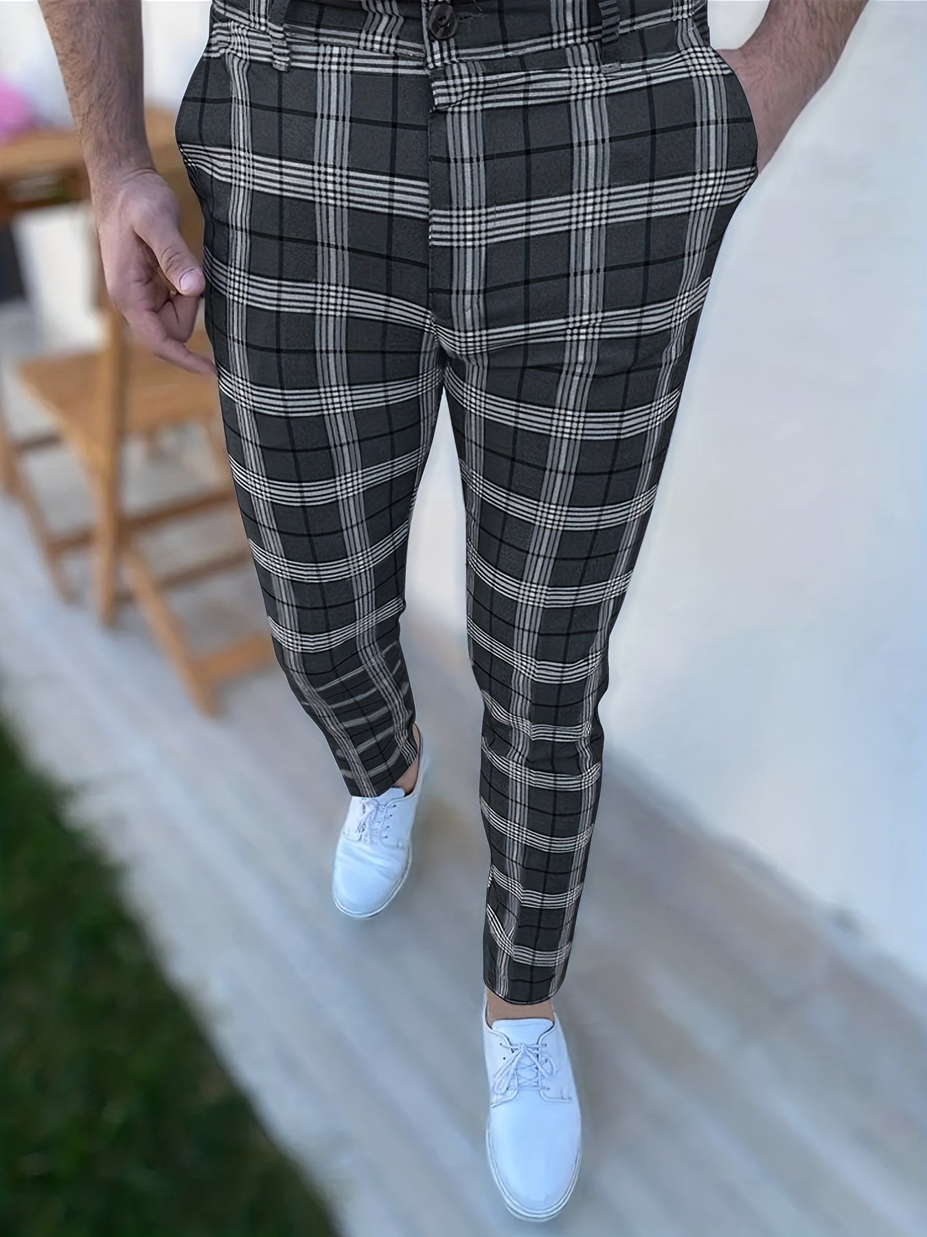 Slim Fit Plaid Slacks Men s Casual Vintage Style Slightly Stretch Dress Pants