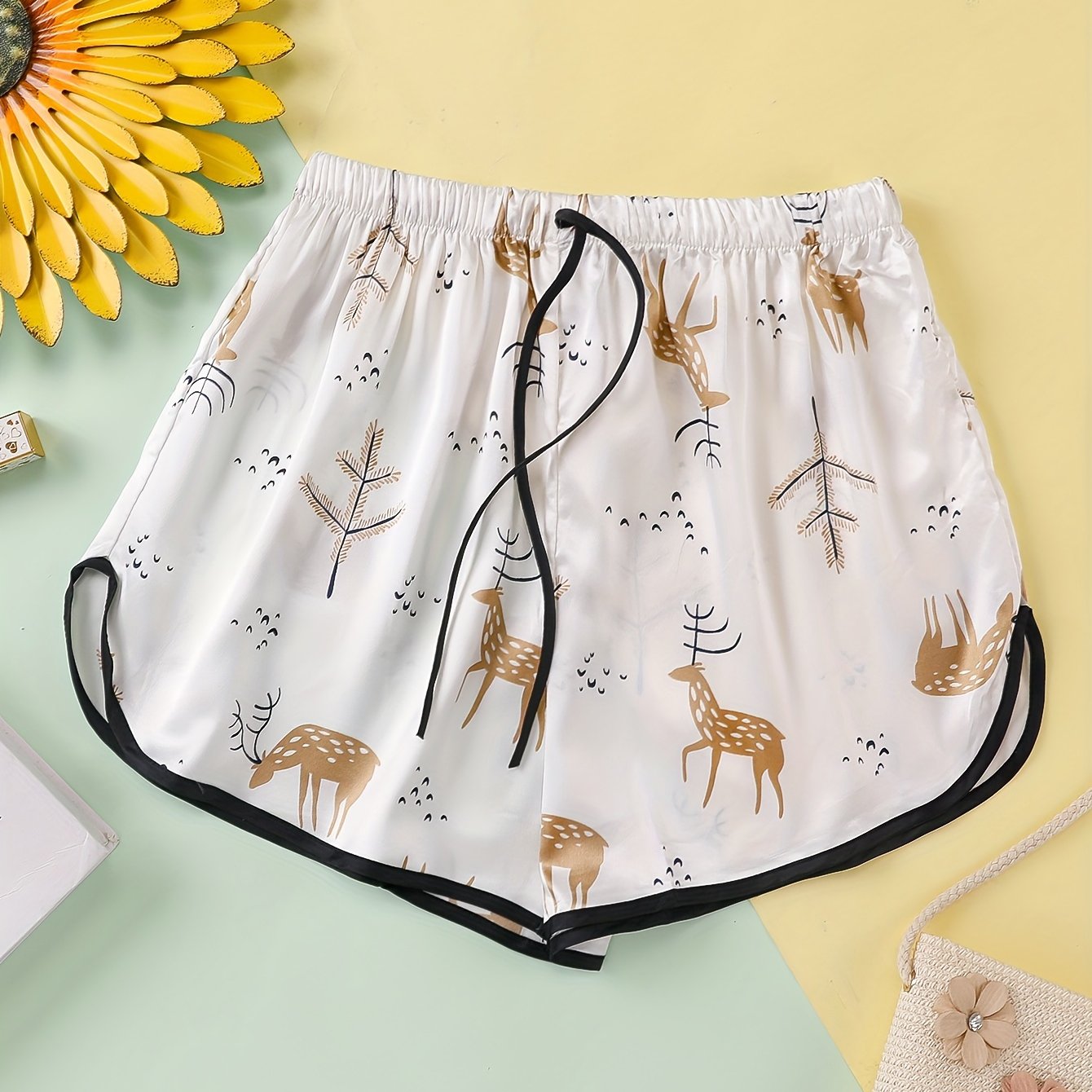 Deer Print Sleep Bottoms & Comfy Elastic Waistband Shorts