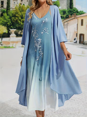Spring & Summer 2pc Set Solid Open Front Coat & Floral Print V Neck Dress