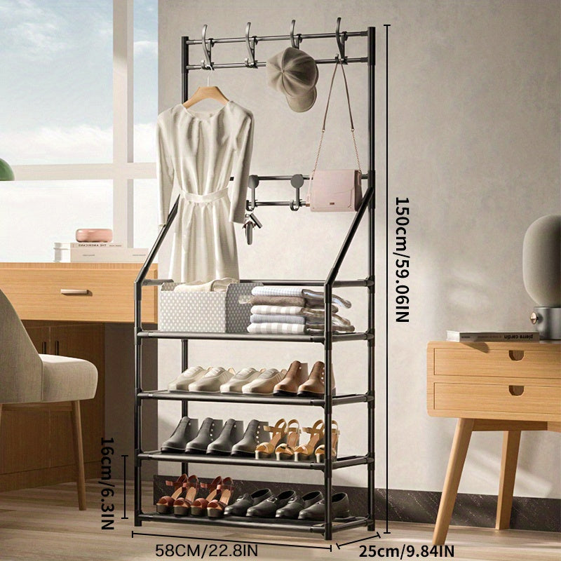 Entrance Coat Rack Foyer Shoe Rack with Storage Shelves & Hooks