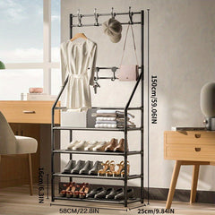 Entrance Coat Rack Foyer Shoe Rack with Storage Shelves & Hooks