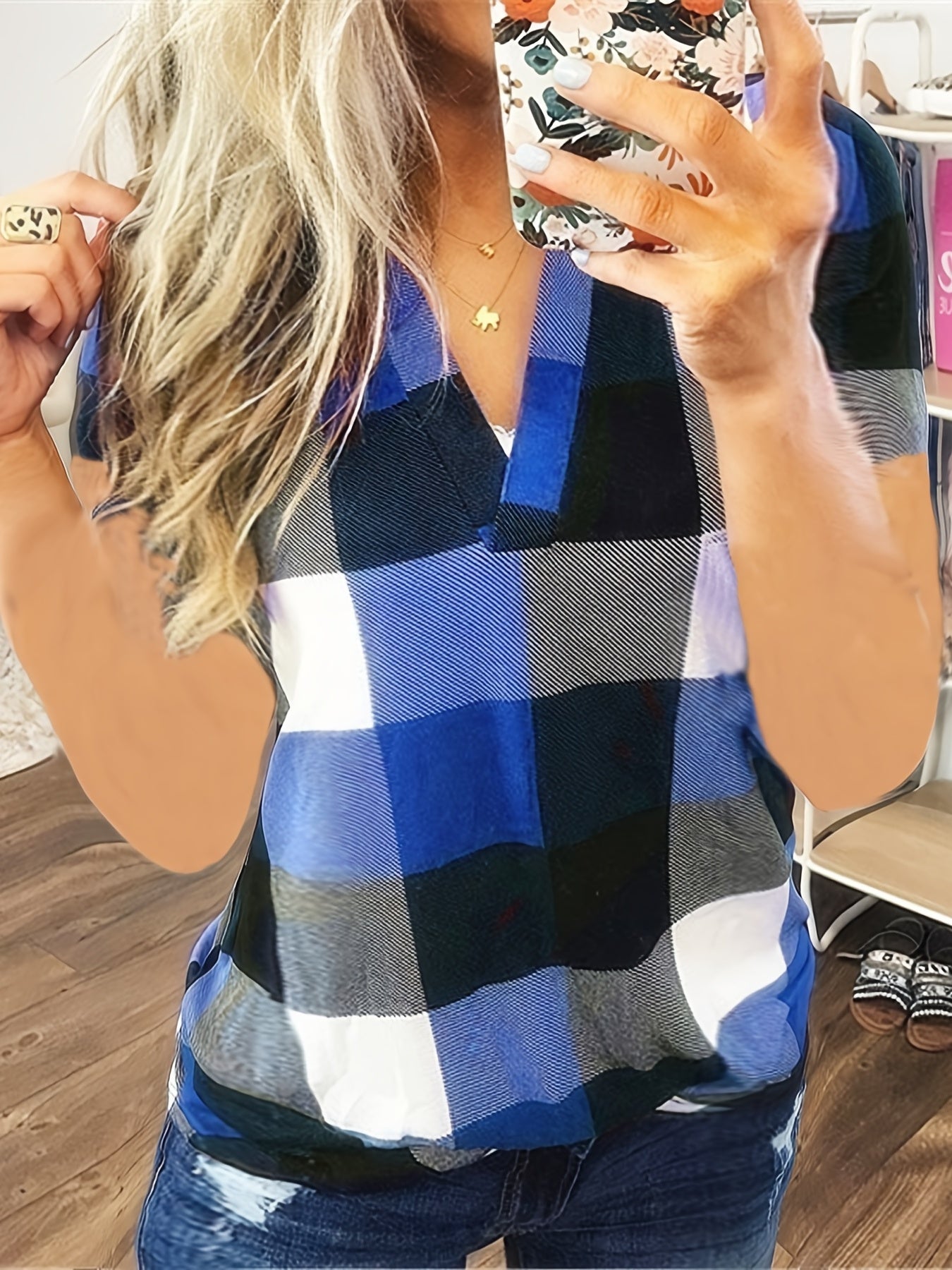 Plus Size Gingham Print V Neck Tee