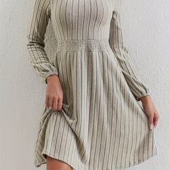 Solid Crew Neck Shirred Waist Dress Casual Every Long Sleeve Dress