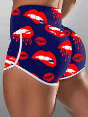 Women's Plus Abstract Red Lip Print High Rise Skinny Shorts