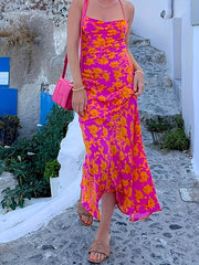 Floral Print Tie Back Dress Sexy Bodycon Sleeveless Midi Dress Women