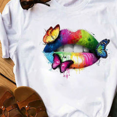 Colorful Lips & Butterfly Print Top Short Sleeve Sports T shirt