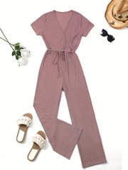 Solid Color Waffle V-Neck Jumpsuit with Tie Waist