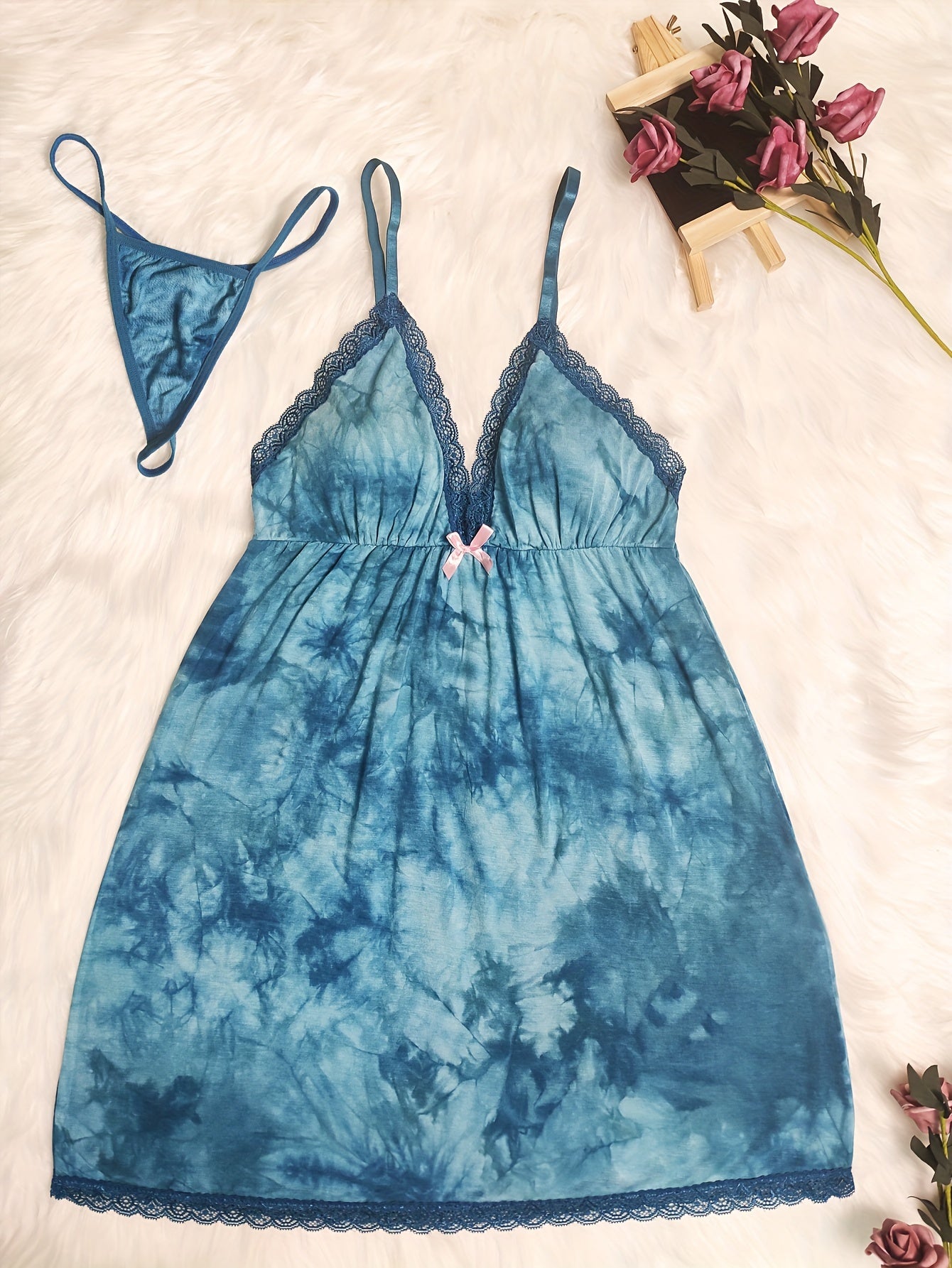 Tie Dye Print Slip Nightdress Lace Trim Backless Sleep Dress Women's Sleepwear