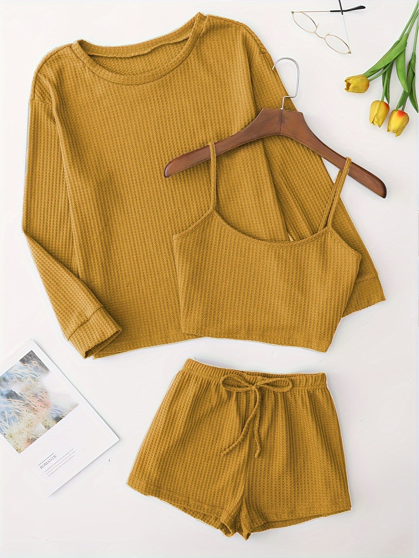 Solid Pajama Set Long Sleeve Top & Cami Top & Shorts