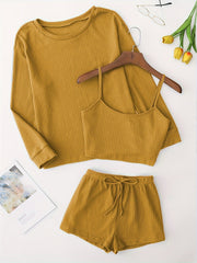 Solid Pajama Set Long Sleeve Top & Cami Top & Shorts