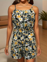 Tropical Print Spaghetti Strap Romper Boho Sleeveless Wide Leg Romper