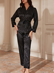 Leopard Pajama Set Long Sleeve Robe & Pants Women's Sleepwear