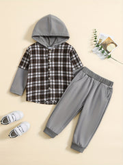 Toddler Boy's Hooded Shirt & Sweatpants Set Plaid Casual Outfits