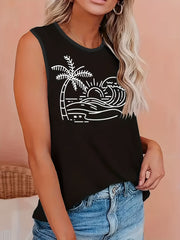 Coconut Tree & Wave Print Tank Top - Round Neck