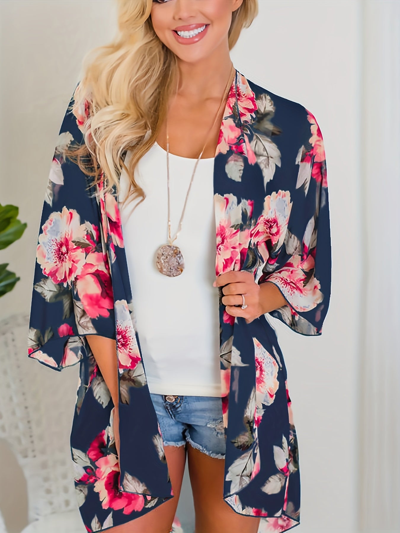 Floral Print Cover Up Shirt V Neck Loose Fit Semi Sheer Long Sleeves