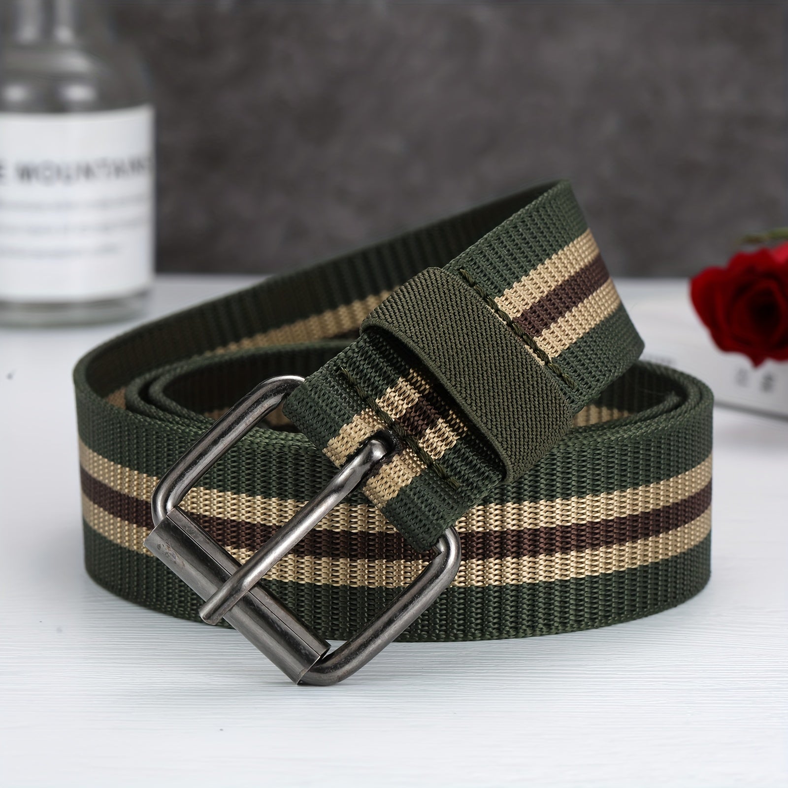 Men's Army Green Cloth Strap Square Belt