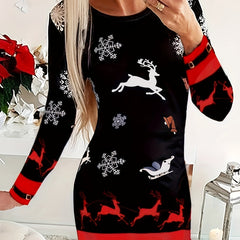 Reindeer & Snowflake Print Long Sleeve Christmas Dress