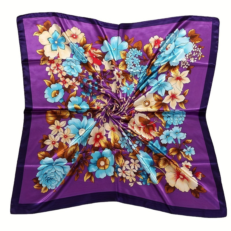 Silky Square Floral Print Scarf Satin Shawl 89x92 Cm