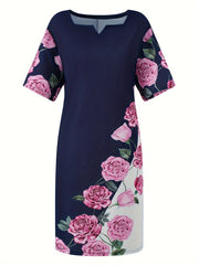 Women's Plus Colorblock Floral Print Short Sleeve Knee Length Dress