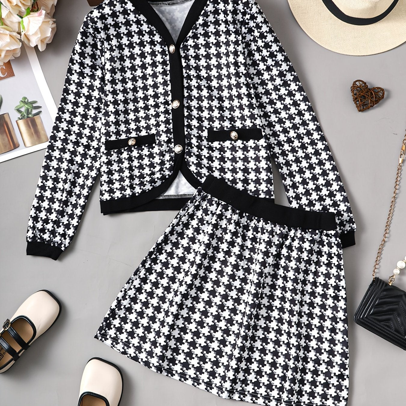 Girls V-neck Cardigan & Skirt 2pcs Houndstooth Casual Kids Clothes